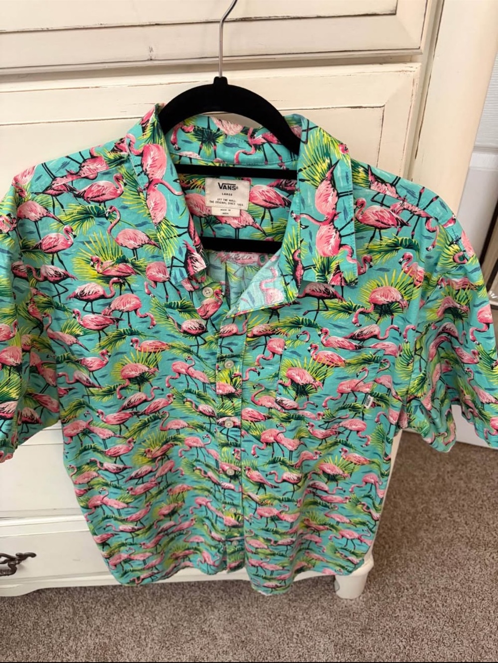 Vans Men’s Short Sleeve Flamingo Print Button-Up Shirt - Aqua Pink